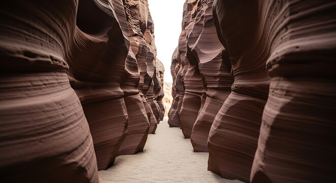 Narrow slot canyon with layered sandstone walls and sandy ground, a sense of adventure and exploration, natural geological formation