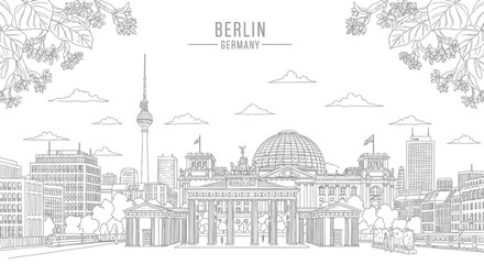 Black and white line art of Berlin skyline featuring the Reichstag and TV tower © Julian Vance