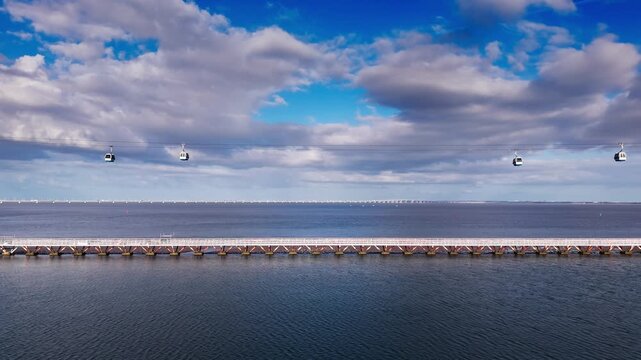 Aerial view of cable cars over Tagus river and waterfront under dramatic clouds. Lisbon, Portugal