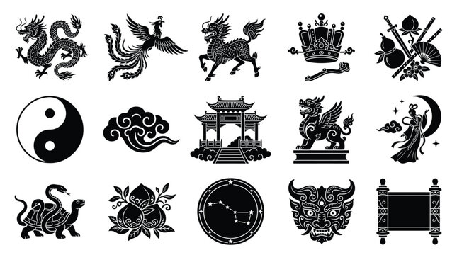 Collection of Traditional Chinese Cultural Symbols and Mythological Creatures in Black and White Silhouette Style.