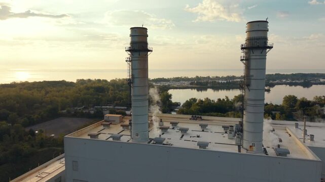 A fly-by of the smoke stacks at a natural gas fired power generation plant in Toronto