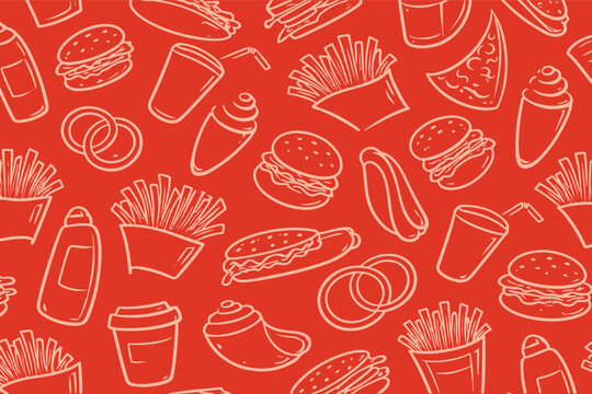 Red background featuring a repeating pattern of fast food items