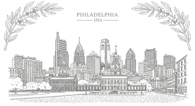 Black and white line art of the Philadelphia skyline featuring Independence Hall