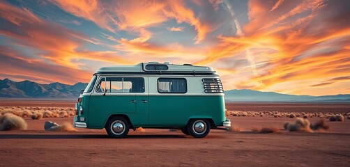 Fototapeta premium Retro campervan parked alone in a vast, scenic landscape, solitude, landscape