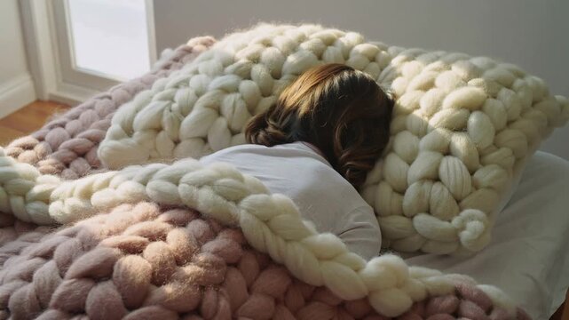Woman sleeping peacefully in a cozy bed with oversized chunky knit blankets and pillows. Soft morning sunlight illuminating a warm, comfy bedroom.
