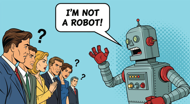 Robot declares im not a robot into a speech bubble while a group of confused business people look on with question marks.