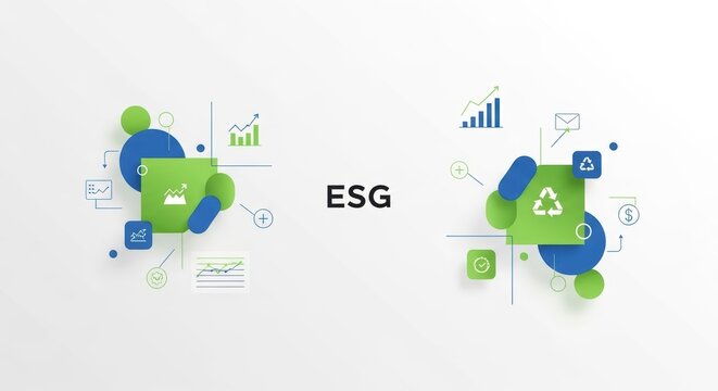 ESG concept with chart and recycle symbols, on white background. A visually appealing illustration about corporate responsibility. Sustainable business, environmental compliance, ethical investment.