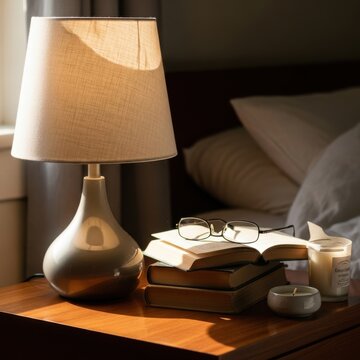 Cozy evening reading with table lamp and books on wooden nightstand