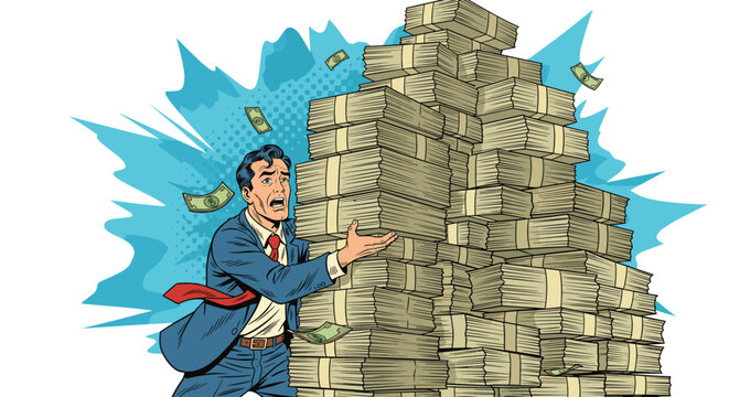 Worried businessman in a suit tries to catch or hold up a massive leaning pile of bundled money with bills flying around him in a crisis.