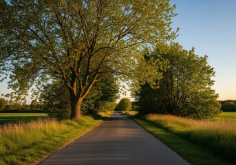 Obraz premium Narrow country road bordered by lush green trees and wild meadows at golden hour, serene landscape, travel adventure