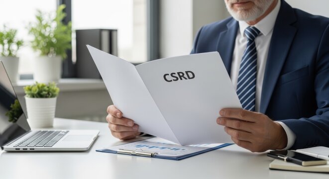 Businessman reads CSRD document at desk in office. A close-up shot focused on corporate responsibility. Sustainability reporting, ESG compliance, business analysis.