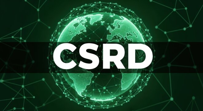 CSRD acronym with digital globe on green background. Corporate sustainability reporting directive concept. Global regulations, compliance, environmental policy.