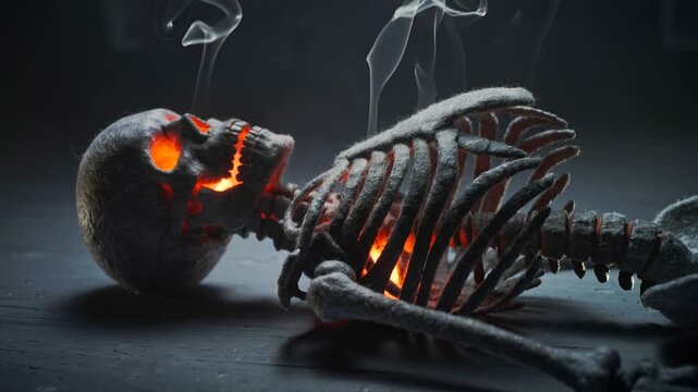 Smoldering human skeleton lying on a dark surface with glowing orange fire embers inside the skull and ribs. Wisps of smoke rising in the dark.
