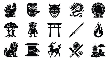 Collection of Japanese cultural icons and mythical creatures, including a Kitsune, Tengu mask, Oni mask, dragon, and Torii gate. © GJ
