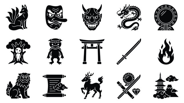Collection of Japanese cultural icons and mythical creatures, including a Kitsune, Tengu mask, Oni mask, dragon, and Torii gate.