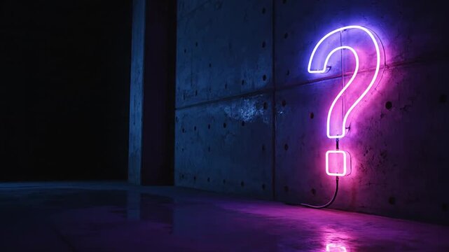 A neon question mark sign glows brightly on a dark concrete wall indoors.