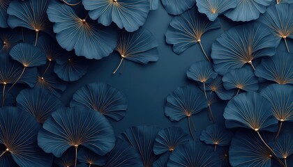 Fototapeta premium Dark blue background with detailed golden line art ginkgo leaves. Elegant natural pattern offers luxurious botanical texture. Minimalist organic design for sophisticated themes.