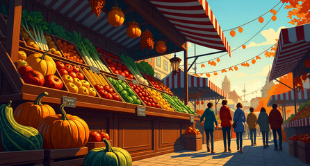 Obraz premium People browse a vibrant outdoor autumn harvest market with fresh produce. Stalls display pumpkins, squash, and vegetables under striped awnings. Fall festival concept for seasonal promotion.