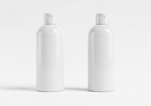 Two blank white plastic bottles for pet shampoo or skincare, mockup for branding, cosmetic packaging design, retail presentation