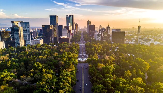 Aerial View Of Mexico City Skyline At Sunset Paseo De La Reforma And Chapultepec Park With Modern Skyscrapers And Golden Evening Light