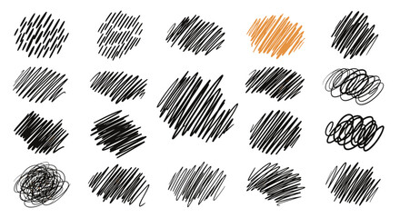 Fototapeta premium Assortment of hand drawn pencil scribbles and hatch marks in different styles of shading including one distinct orange patch.