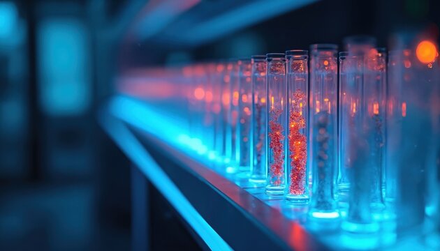 Test tubes with red samples in lab. Scientific research with genetic material in laboratory equipment. DNA analysis with technology in bio lab.