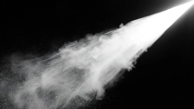 A rocket blasts off into space emitting a trail of smoke and light.