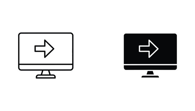 Computer monitor screen with forward arrow icon indicating data transfer or upload process in minimalist vector style
