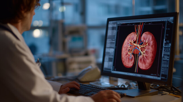 Organ simulation software displaying real time kidney filtration model, nephrology digital twin interface, ICU monitoring station, critical care physician reviewing patient data, hospital technology