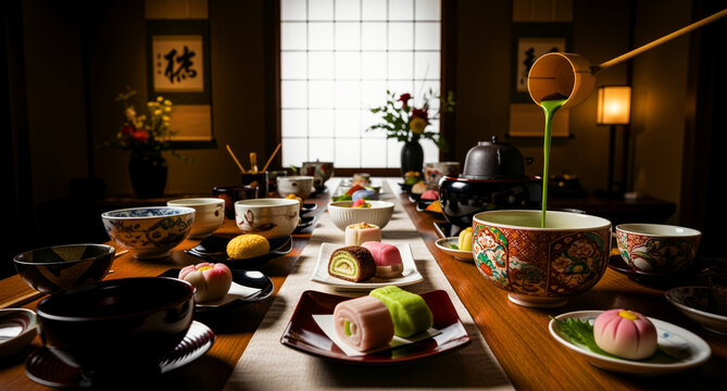 Matcha tea pouring into a bowl for a Japanese tea ceremony. Traditional wagashi sweets are set in an authentic tea room. Zen hospitality concept for cultural and culinary promotion.