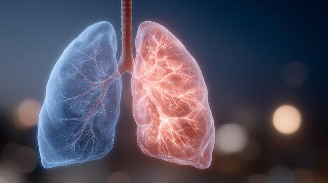 Split screen digital twin showing healthy lung versus fibrotic lung simulation, pulmonology comparison model, clinical decision support, respiratory disease research, hospital education display, dra