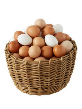 A wicker basket filled with various eggs on a neutral surface