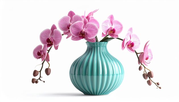 Elegant pink orchid flowers in a turquoise vase, vibrant tropical botanical arrangement, luxury floral decoration, spa and wellness aesthetic, fresh bloom still life photography