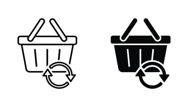 Shopping basket with refresh recycle arrow symbol for e-commerce inventory management in both outline and solid black vector formats for retail logistics and mobile application user interfaces