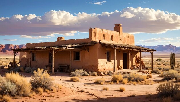 A desert adobe house with a covered porch and chimney
