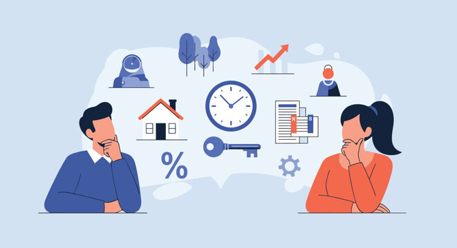 Man and woman considering important life decisions with icons representing finance and housing in a modern flat design illustration.