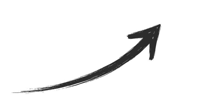 Rough hand drawn black arrow pointing upward and to the right with an expressive textured ink stroke isolated on a plain white background.