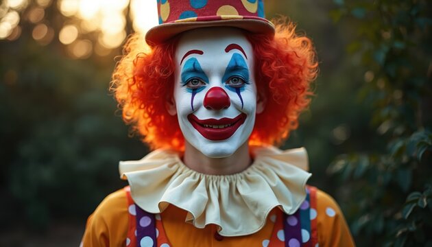 Happy clown with bright orange wig wears polka dot outfit and colorful hat. Theatrical performer has cheerful face paint. Outdoor portrait with soft bokeh background light.