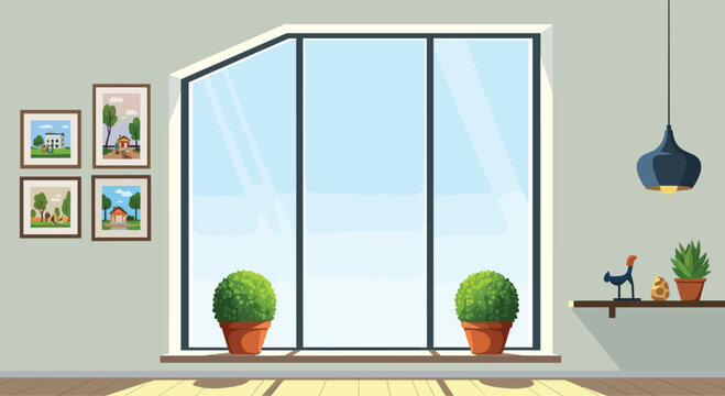 Modern living room interior features large bay windows with garden views and indoor potted plants on a sunny afternoon.