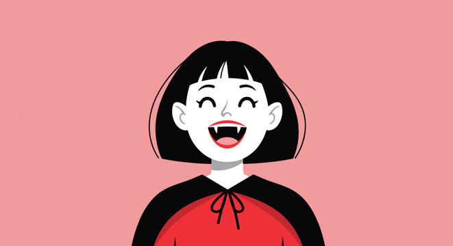 Cute cartoon vampire girl with short black hair and sharp fangs laughs happily against a solid soft pink background frame.