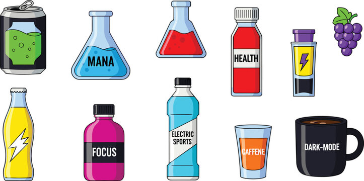 Magic Fantasy Potion Bottle Vector Icon Set Featuring Health Elixir, Mana Nectar, Energy Brew, Stamina, Night-Vision, and Speed Flasks