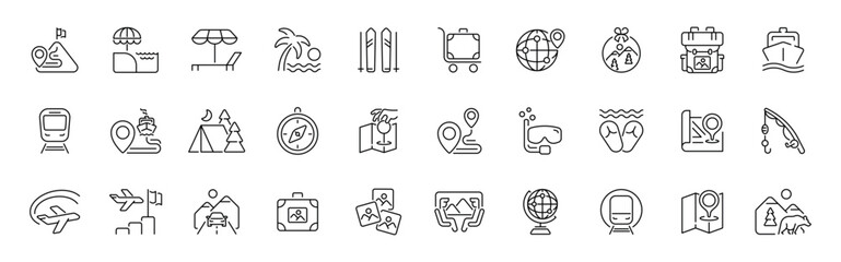 Fototapeta premium Travel and vacation outline icons set: editable stroke linear thin line icons for journey and adventure themes