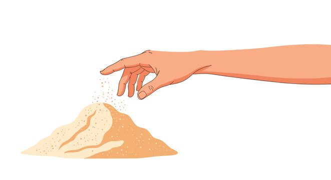 Close up of a human hand reaching down to touch or sift through a small pile of golden sand on a clean white background.