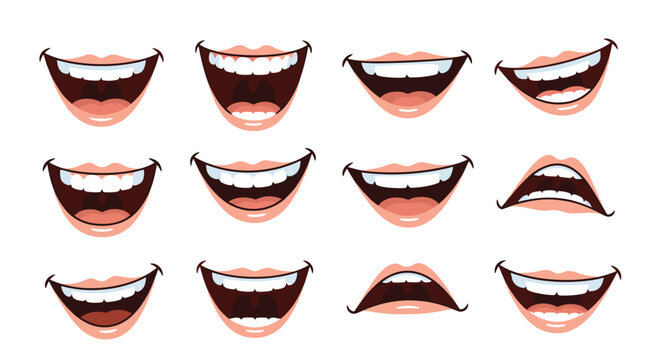 Set of twelve diverse cartoon mouth illustrations showing various expressions of laughter joy and excitement with teeth.