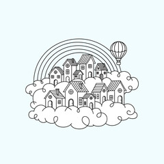 Fototapeta premium Cute City on Clouds with Rainbow Cartoon Landscape Line Art Vector Illustration