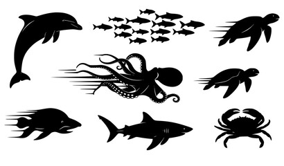 Marine life silhouette icon set ocean animal vector © MdMiraz