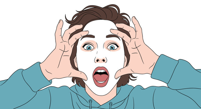 Close up portrait of a shocked woman wearing a white facial mask with her hands on her face and an open mouth expression.