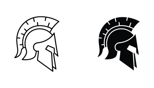 Classic spartan warrior helmet side profile silhouette icon set featuring detailed line art and bold black solid shapes for historical themed branding and game design assets
