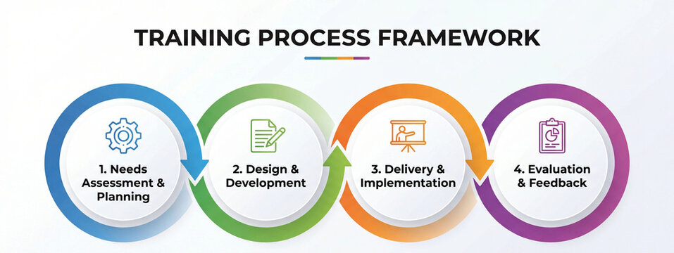 Training process framework infographic showing needs assessment planning design development delivery implementation evaluation and feedback stages for effective workforce learning and development