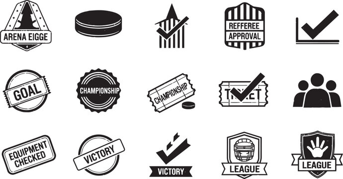 Collection of Ice Hockey Badge and Stamp Icons for Tournament Approval, Victory, and League Branding